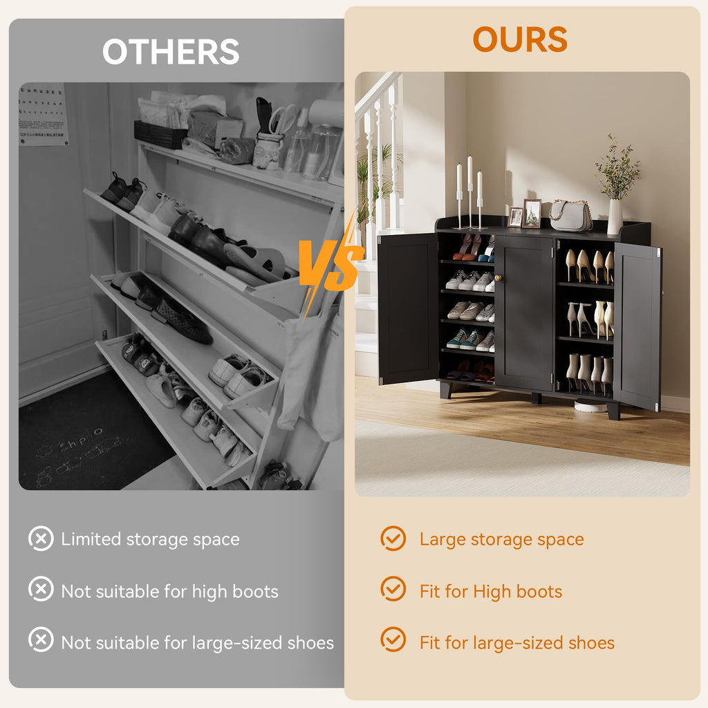 Shoe Storage Cabinet with 3 Doors and Adjustable Shelves, 40 Inch Tall Farmhouse Flat-Shelf Wooden Shoe Cabinet, Shoe
