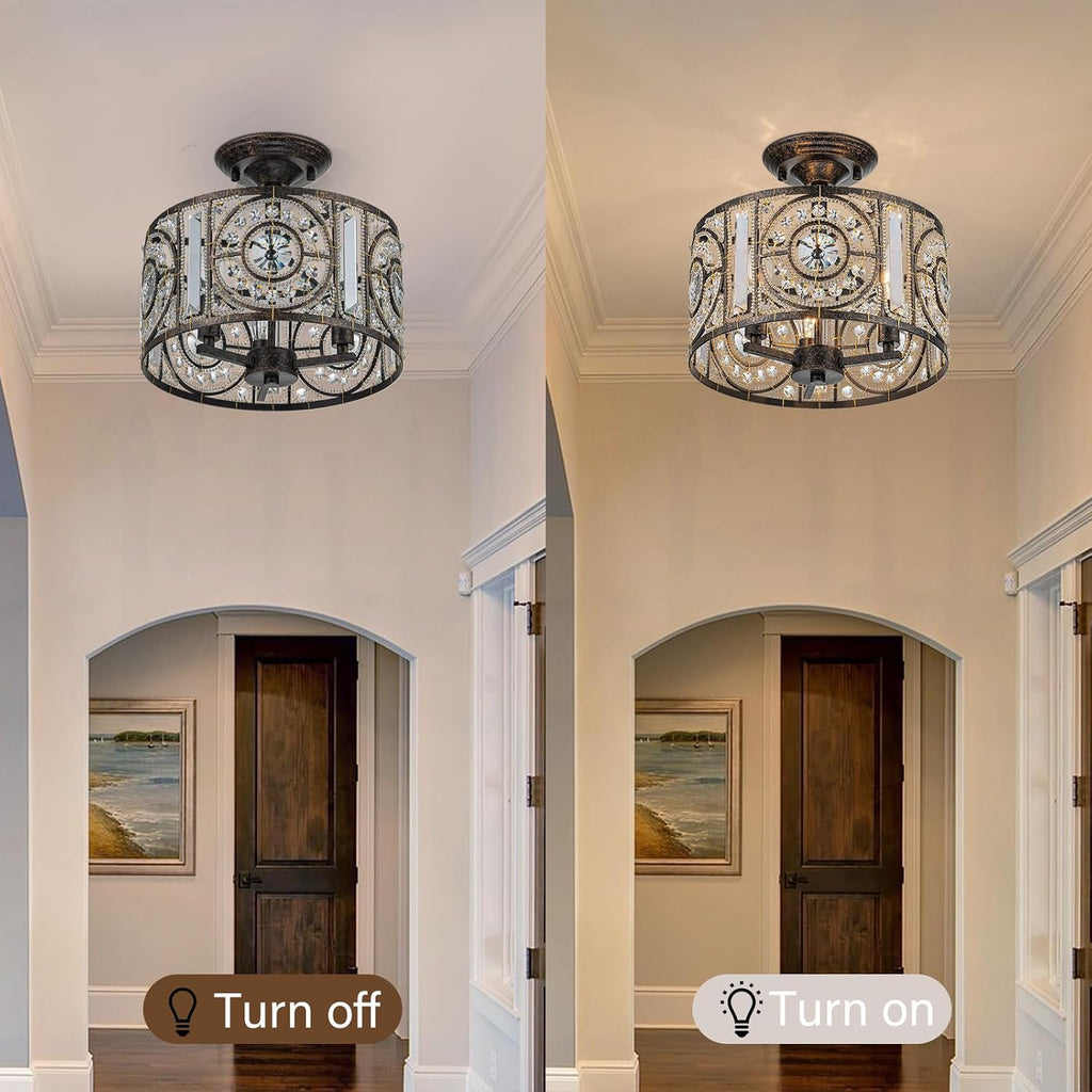 Vintage Crystal Drum Chandelier, 3-Lights Bronze Finish Retro Chandelier Lighting Fixtures, Semi Flush Mount Ceiling