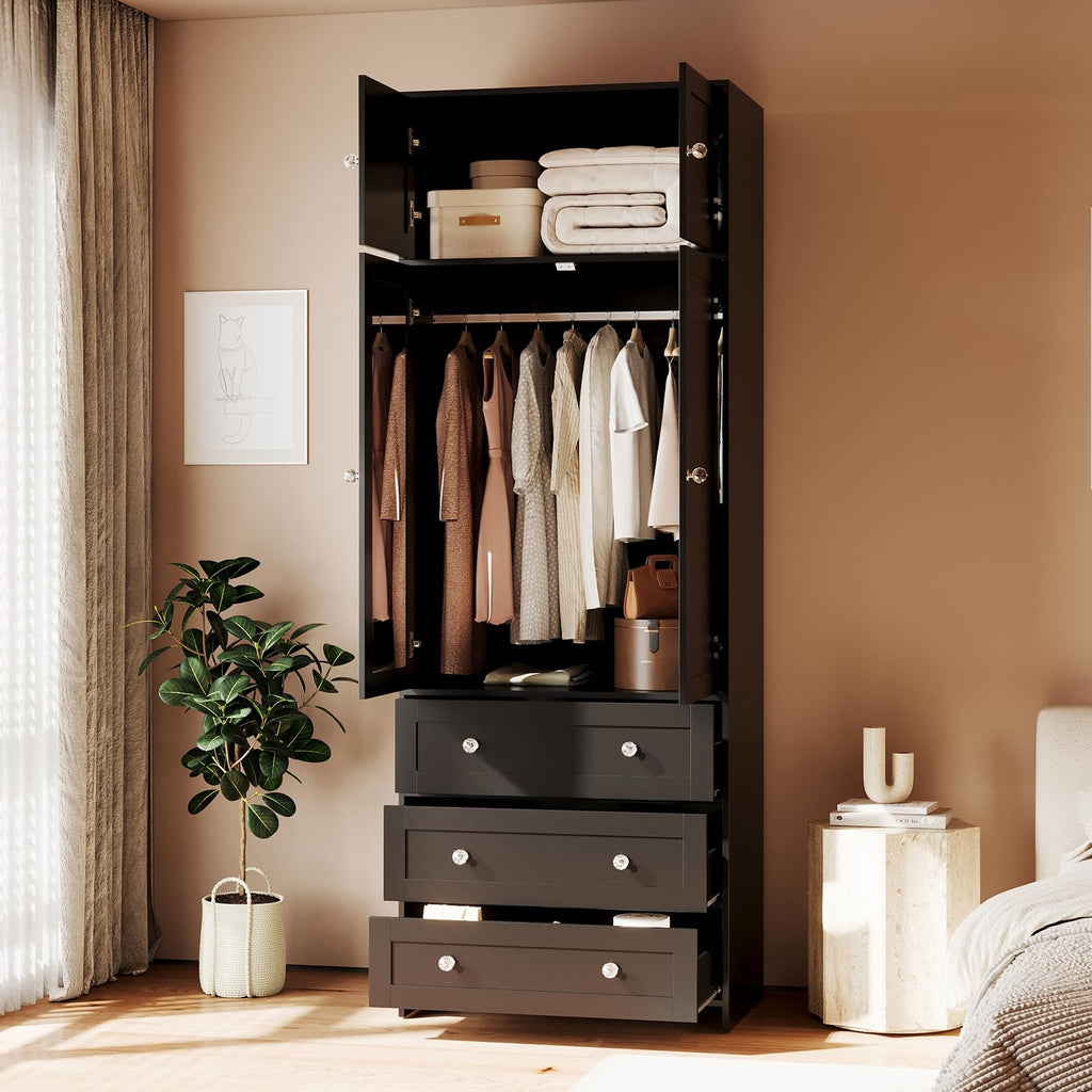 87" H Tall Armoire Wardrobe Closet with 3 Drawers and Mirror