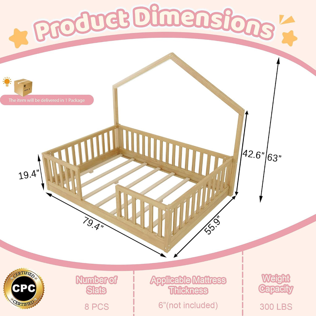 Montessori House Floor Bed with High Rails and LED Light, Natural