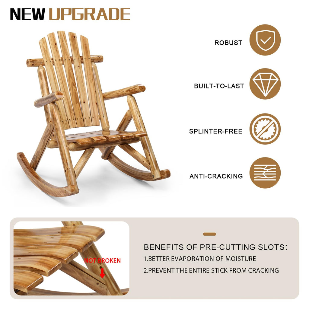 Wooden Rocking Chair, Fir Log Adirondack Rocker, Outdoor Wood Accent Furniture Lounge Chairs for Garden Patio