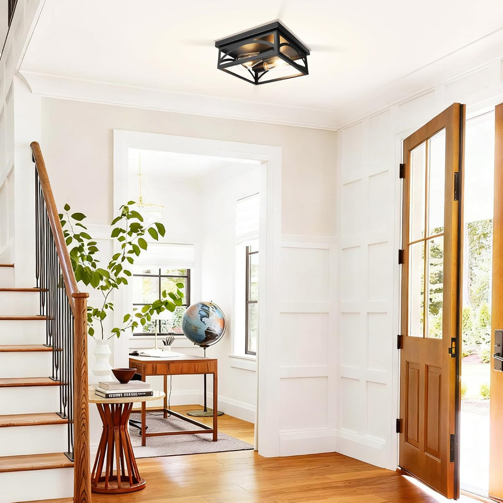 Black Square Flush Mount Ceiling Light, Farmhouse Ceiling Light Fixture for Hallway Porch Kitchen