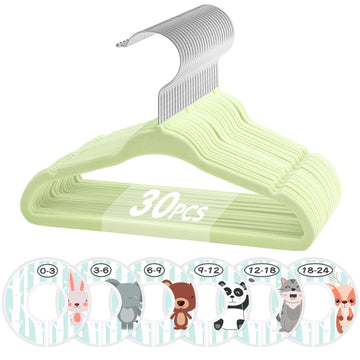 Velvet Baby Hangers with 6 Pcs Dividers, 11 Inch, Lime Green, 30 Pcs