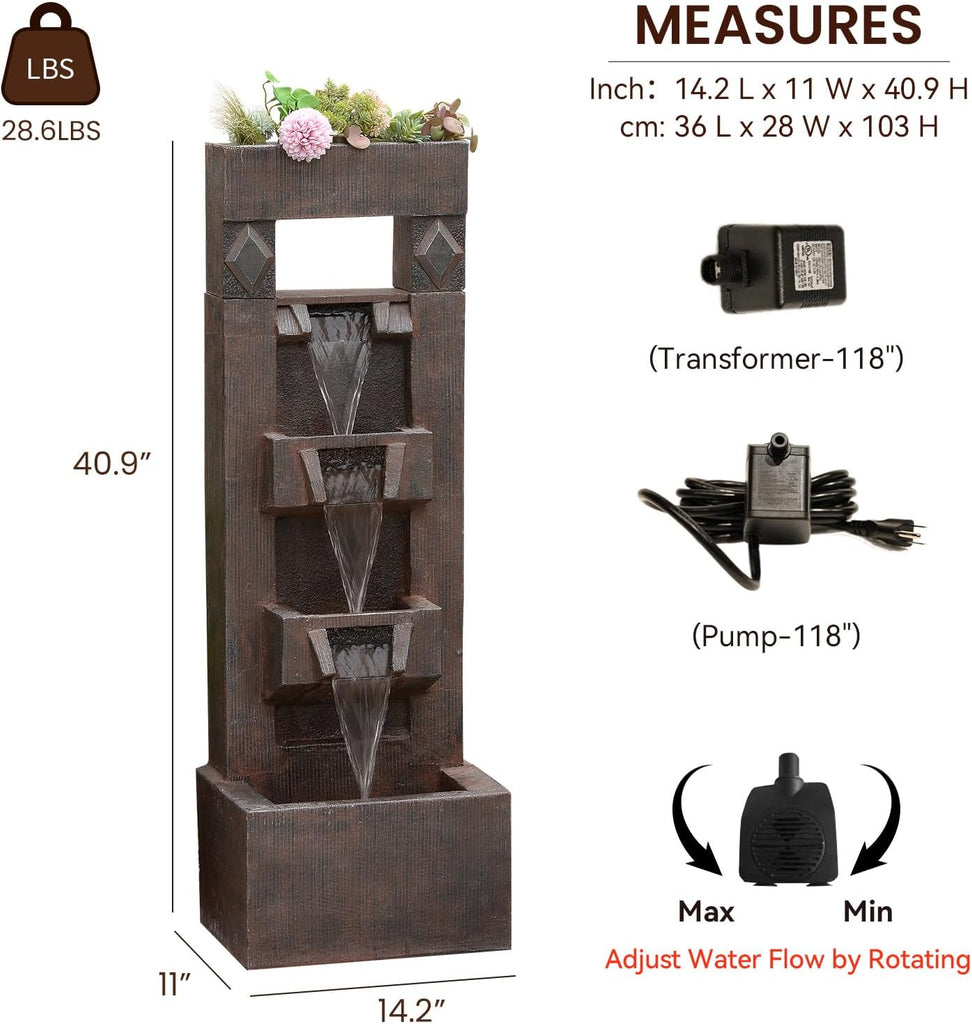 40.9" H 4-Tier Indoor/Outdoor Modern Water Fountain with Led Lights and Pump, Outdoor Freestanding Cascading Waterfall