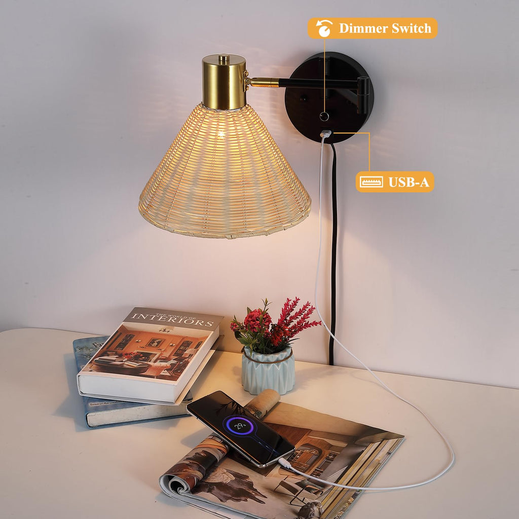 Plug in Rattan Wall Sconce Swing Arm Wall Lamp, Black