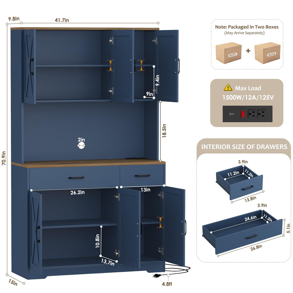 71" H Kitchen Pantry Storage Cabinet, Farmhouse Hutch Cabinet, Blue