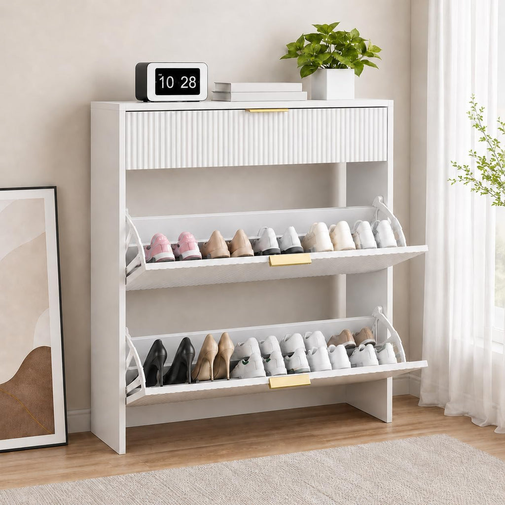 Narrow Fluted Shoe Storage Organizer with Drawer,Gold Handles, Walnut | Shoe Storage Cabinet , Freestanding Drawer