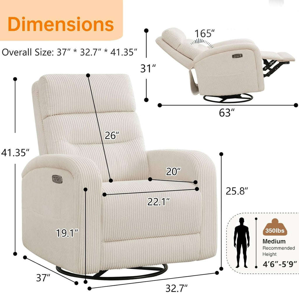 Power Swivel Rocker Recliner ,reclining rocking chair,CreamWhite | 270° Swivel Rocker with Type-C & USB Port Double