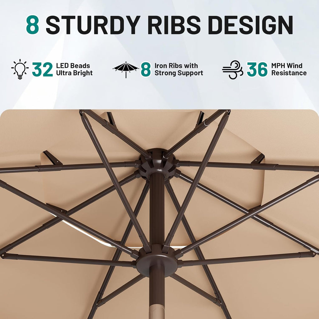 9ft 3 Tiers Patio Umbrella with Solar Lights, Outdoor Umbrella w/ 32 LED Lights&8 Sturdy Ribs