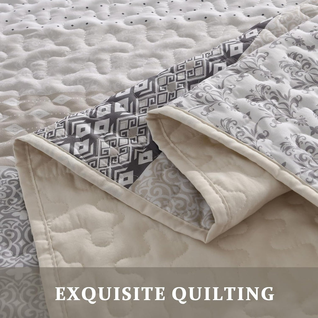 Beige Quilt King, Bohemian Stripe Quilt Sets 3 Pieces Boho Quilted Bedspread Set Lightweight Microfiber Coverlet