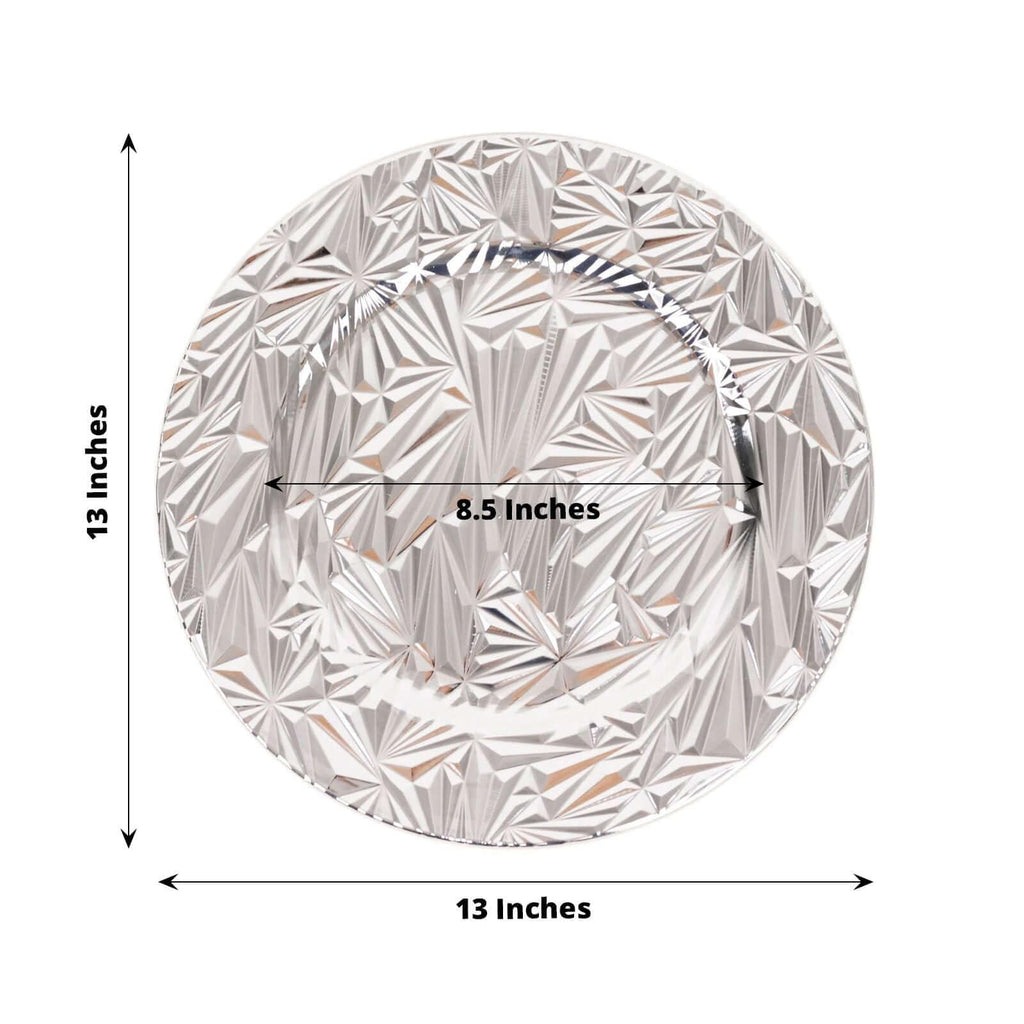 12-Pack Acrylic Charger Plates, Round 13" Metallic Silver Rock Cut Design with Beaded Rim - Decorative Dinner Serving