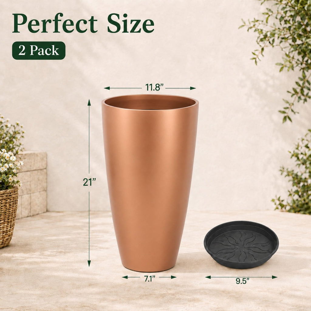 Set of 2 Tall Planter, 21 inch Large Plastic Planter, Rose Gold