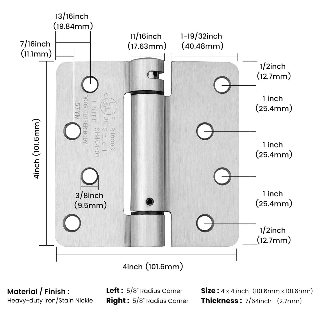 3 Pack Self Closing Door Hinges 4 Inch Brushed Nickel 1/4" Radius