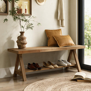 54" Solid Wood Bench, Long Entryway Bench with Shoe Storage
