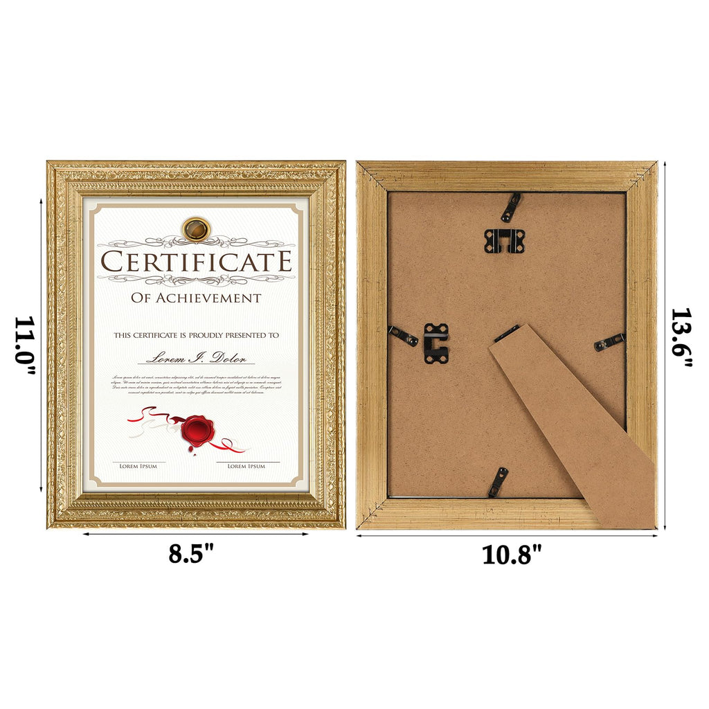 8.5 x 11 Picture Frames Set of 2, Vintage Gold 8.5 x 11 Diploma Certificate Frame for Tabletop or Wall Display