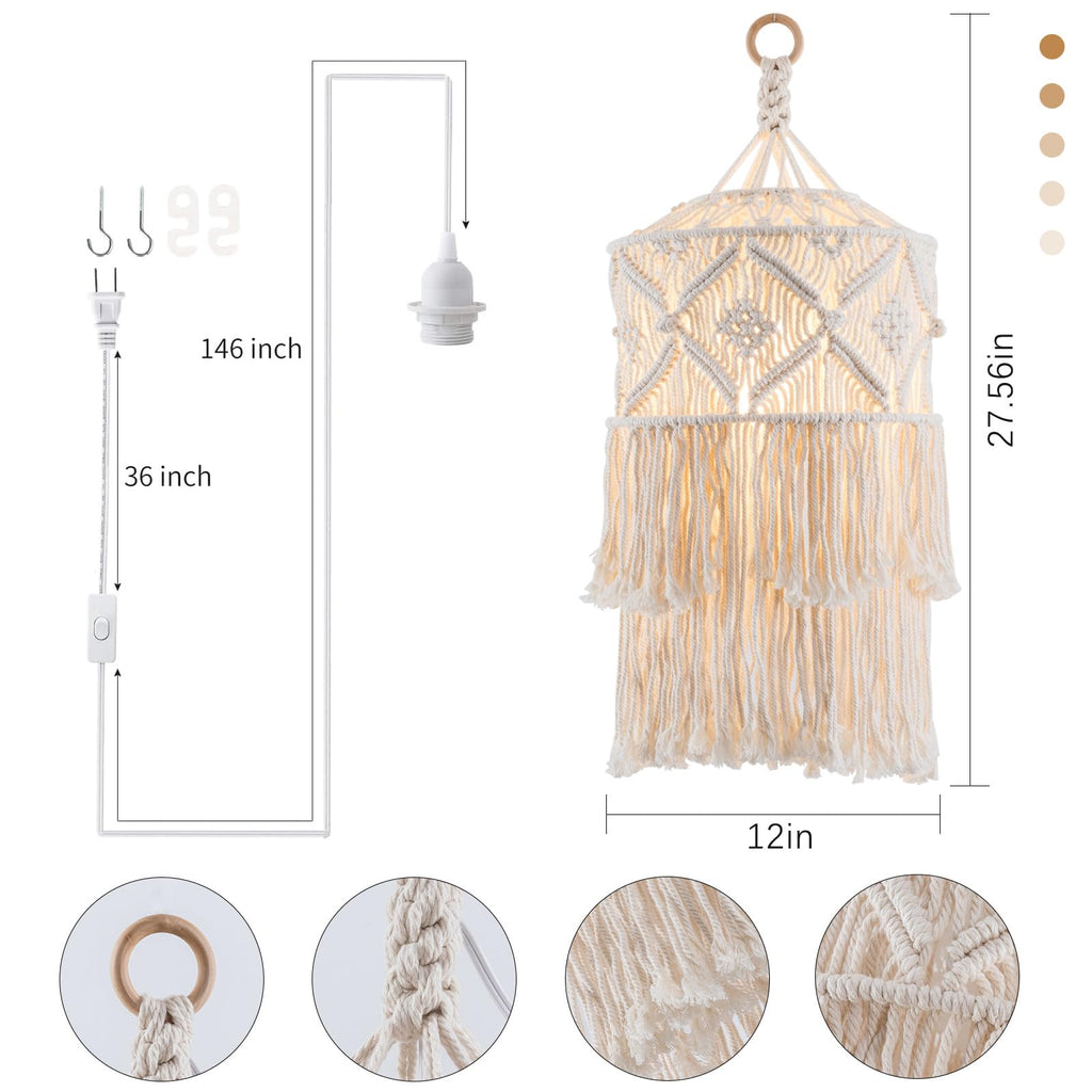 Boho Plug in Pendant Light, Handmade Macrame Hanging Lamp Shade