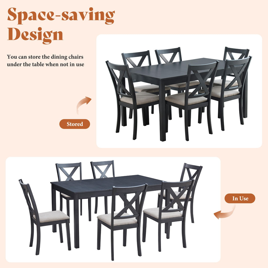 7-Piece Farmhouse Solid Wood Dining Table Set for 6, Grey & White