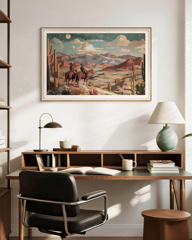 Classic Framed Canvas Wall Art, 24x36 Inch Large Cowboy Painting Treasure Hunter Artwork Decor, Western Vintage Sky
