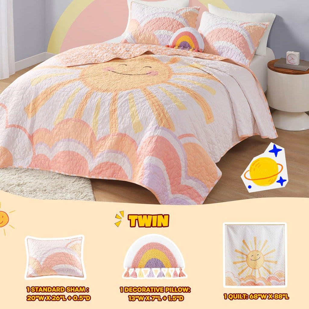 Kids Twin Quilt Bedding Set, Cotton Coverlet Sun Girls Bedding Set Rainbow & Clouds Reversible Dawn Light &