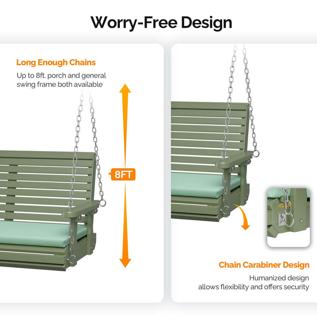 Wooden Porch Swing, Heavy Duty 880 LBS Hanging Patio Bench with Extra Cushion for Lawn| Garden| Courtyard (Green, 5