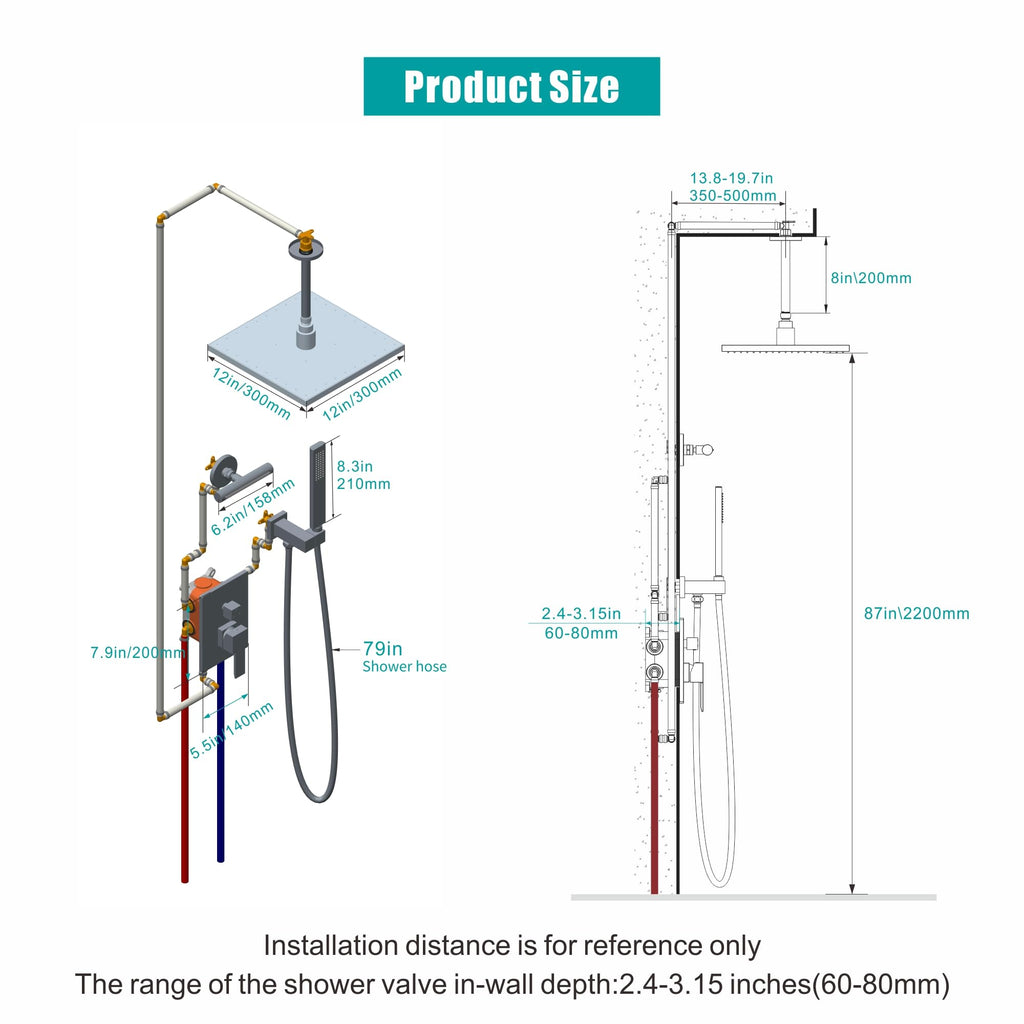 Ceiling Mount Shower System, 12 Inch Shower Head with Dual Shower