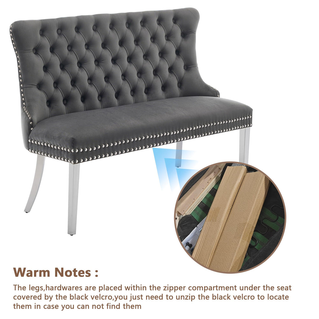 Luxury Settee Dining Bench with Back, Velvet Upholstered Banquette Benches with Nailhead Trim, Button Tufted Small
