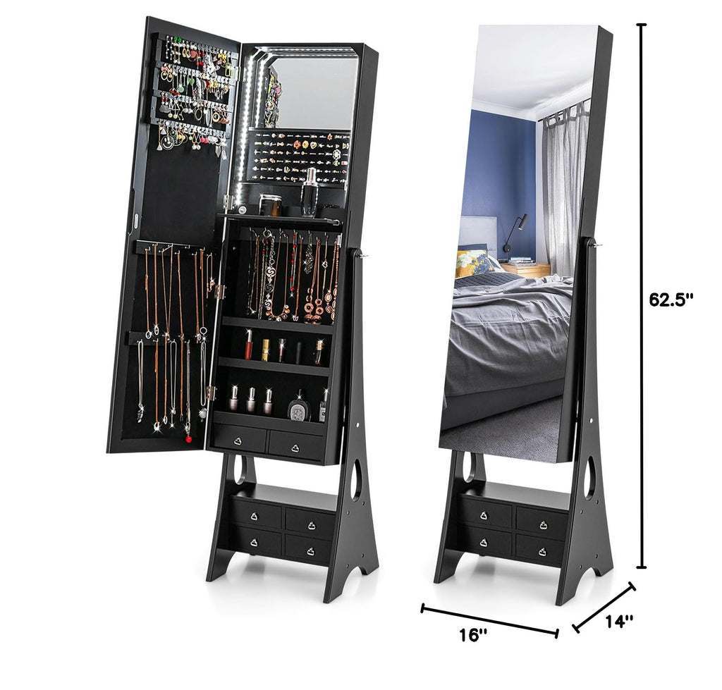 Jewelry Cabinet with Full Length Mirror & LED Light Strip, Black