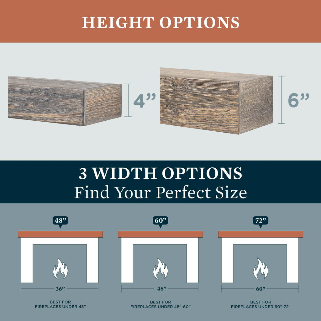 Vail Fireplace Mantel Shelf - 72 Inch Wide x 4 Inch Tall - Driftwood Finish, Rustic, Distressed, Wall Mounted Shelf