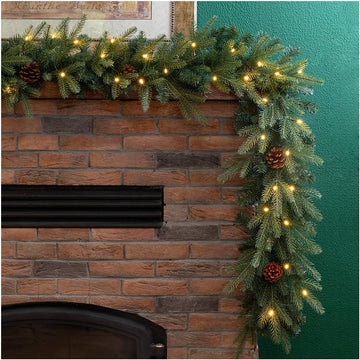 For Mantle, Prelit Greenery Garland Pine Cone Christmas Garland with Warm White LED Lights and Timer for Fireplace