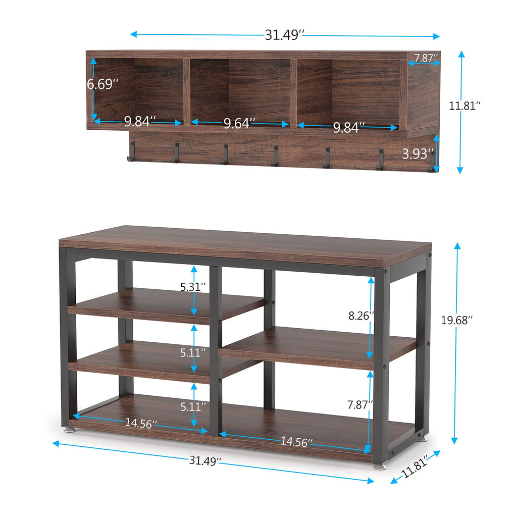 Industrial [Shoe] [Rack] [Bench] with Coat [Rack] Set with Hall Tree, 3 Storage Cubbies, 7 Hooks, 5-in-1Design