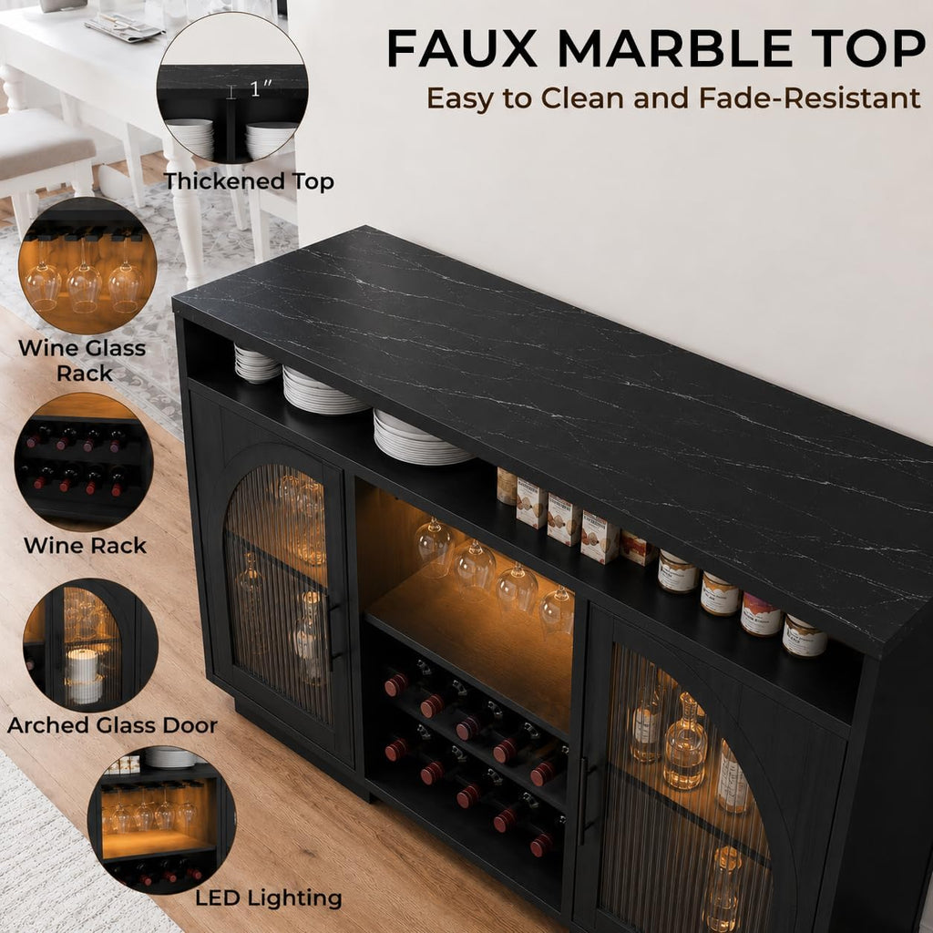 54" Coffee Bar Cabinet with Storage, LED Lights and Arched Glass Doors | Black Wine Bar Cabinet with Wine Rack and