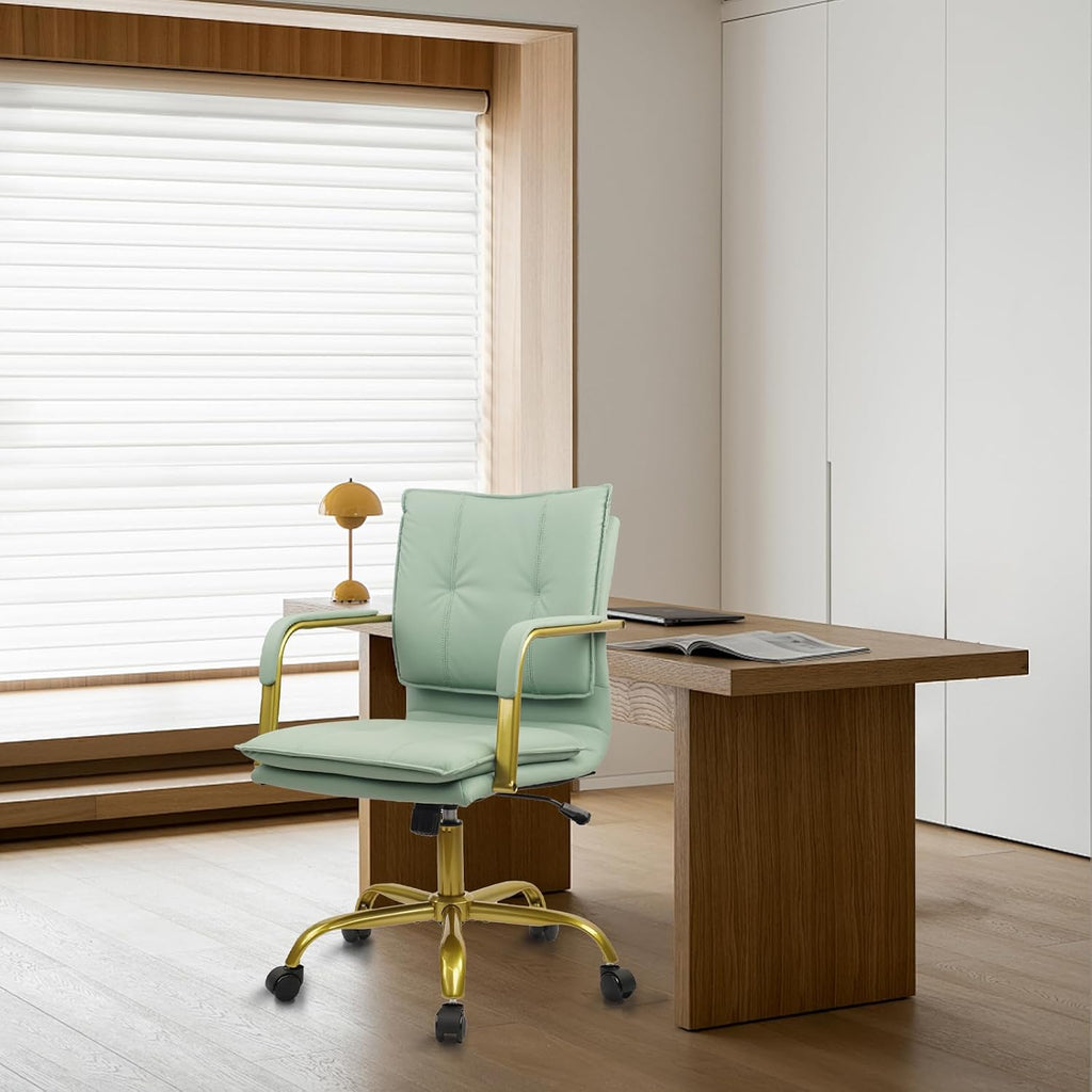 Leather Home Office Desk Chairs, Swivel Mid-Back Computer Chair with Golden Legs and Arms, Comfy Upholstered Task