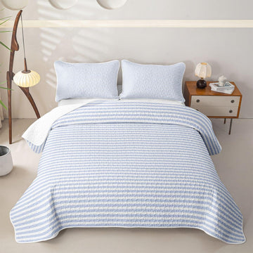 Blue White Stripe Quilt Geometric Striped Quilt Set