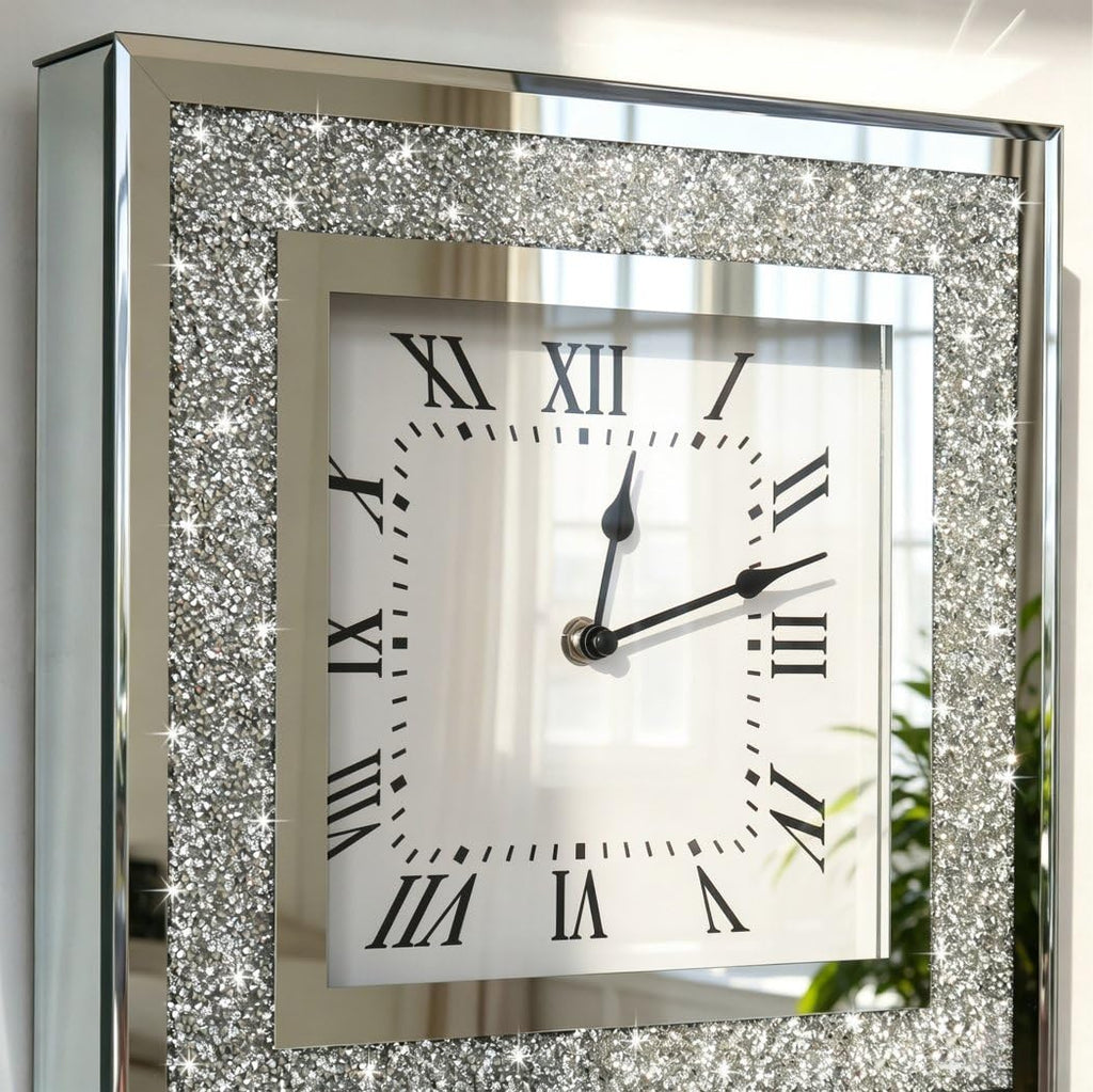 Crystal Crush Diamond Mirrored Square Wall Clock with Sparkle Twinkle Bling Diamond Decor for Wall Decoration