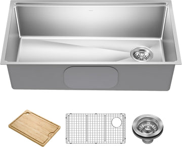 Fairlane 32 in Undermount Workstation Single Bowl 18-Gauge Stainless Steel Kitchen Sink with Accessories, KWU610-32