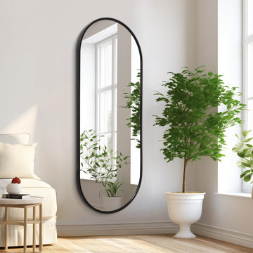 Black Oval Bathroom Full Length Mirror, 48x16'' Pill Shaped Oblong Vanity Wall Mirror, Metal Framed Capsule Aluminum