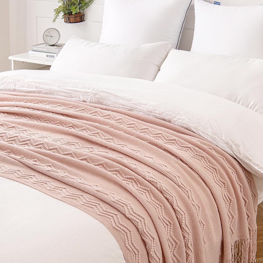 Light Pink Knitted Boho Throw Blanket for Couch 50"x60"