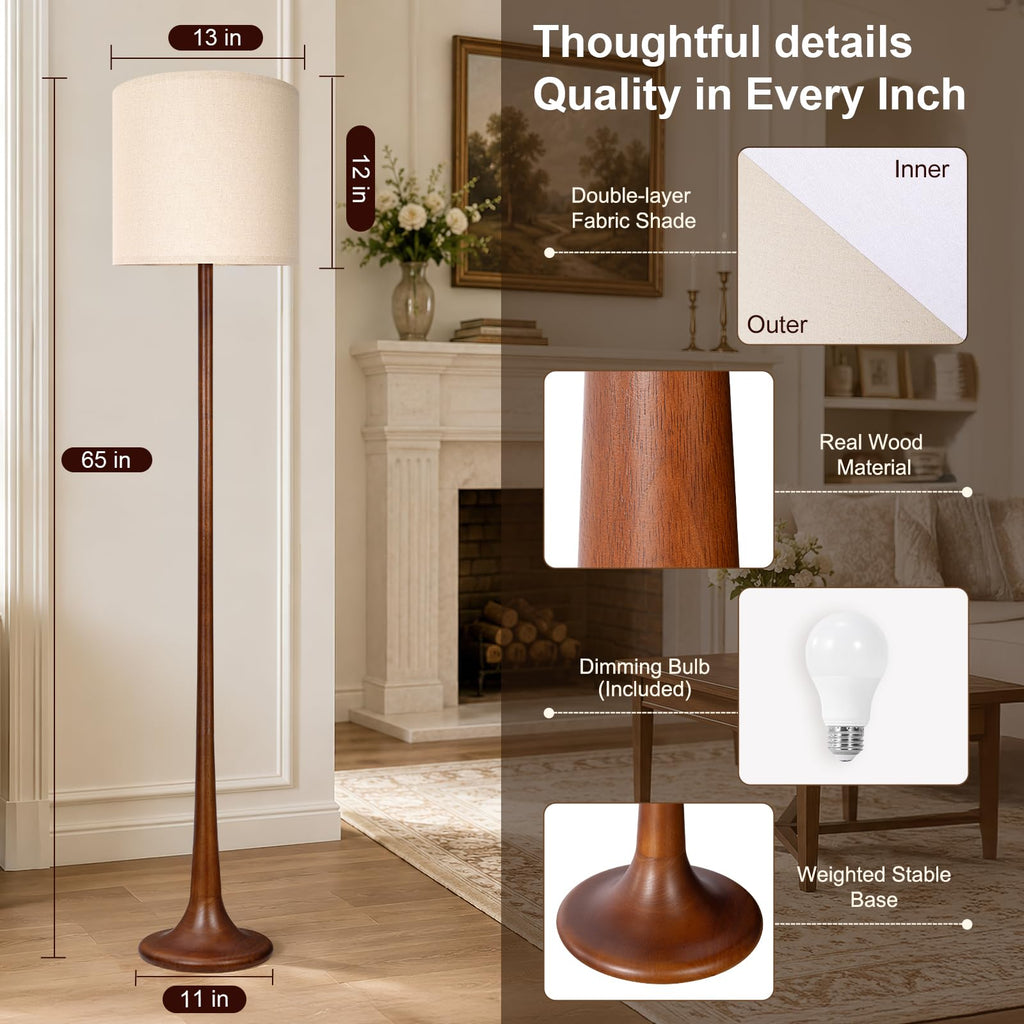65" Tall Solid Wood Modern Floor Lamp w/Remote, Stepless Dimmable