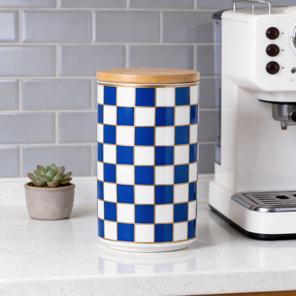 Checkered Airtight Ceramic Canister with Bamboo Lid for Food Storage