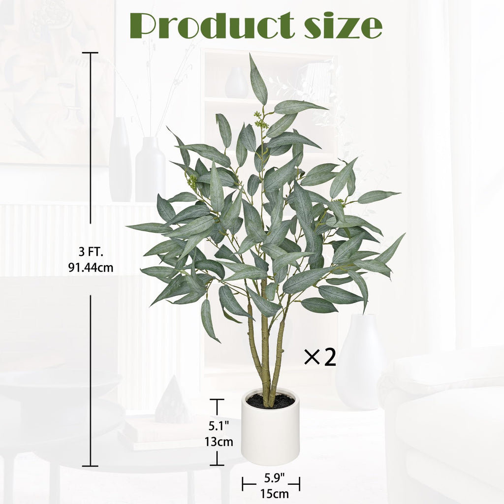 2 Packs Eucalyptus Trees Artificial Indoor - 3FT Tall Faux Eucalyptus Plants in White Planter, Fake Plant Décor for