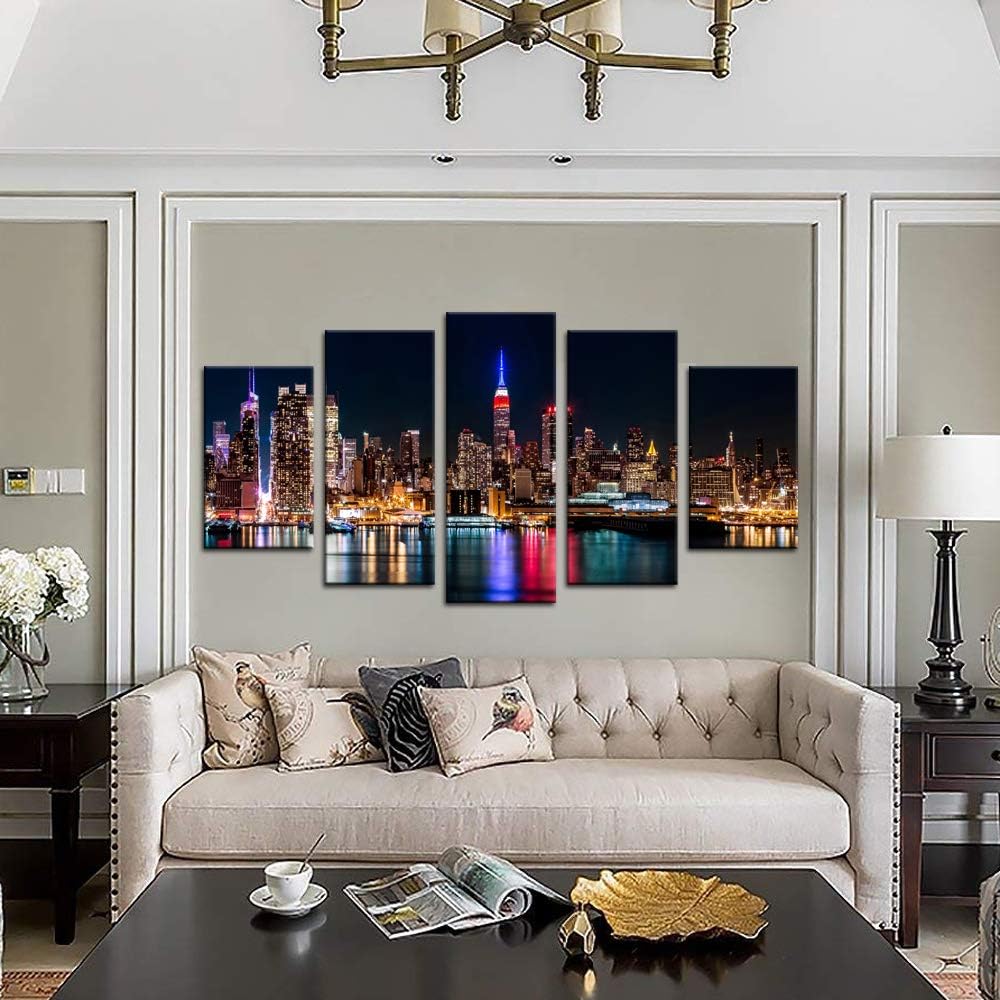 Large 5 Piece New York City Canvas Wall Art Manhattan Skyline at Night Picture Prints Modern Home Office Wall