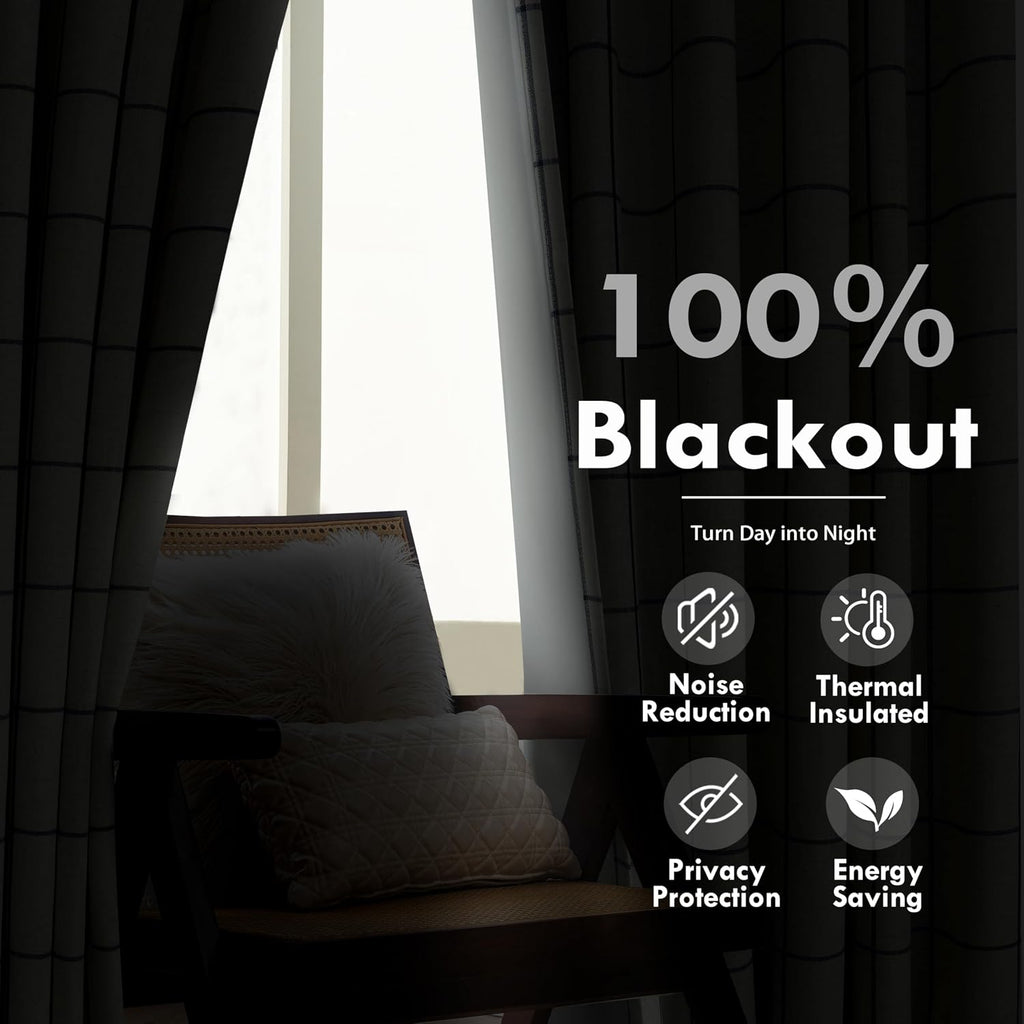 100% Blackout Windowpane Plaid Linen Curtains Double Layer Farmhouse Drapes 96 Inches Long for Living Room Bedroom