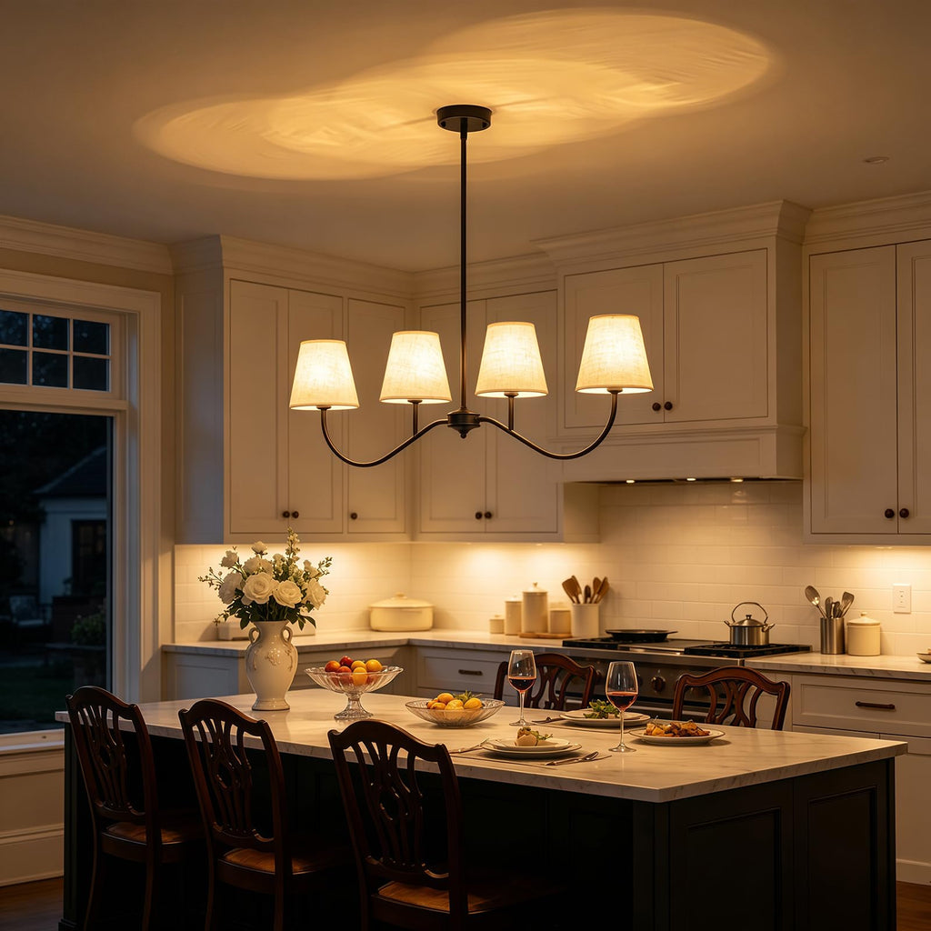 Matt Black Modern Linear Chandelier with White Fabric Shades