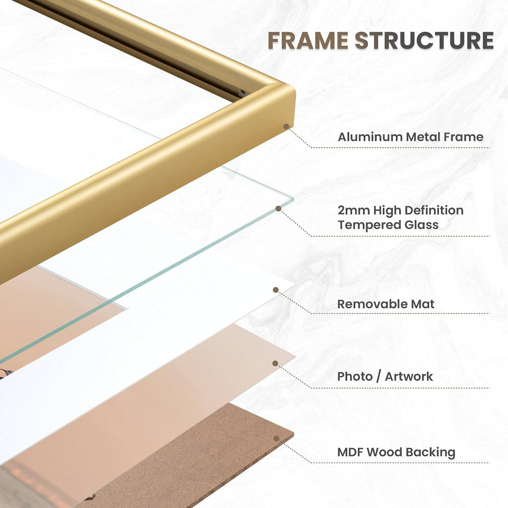 12x12 Gold Picture Frame, 12 x 12 Metal Frame Set of 3, Modern Gold Aluminum Frames with Tempered Glass, Matted to
