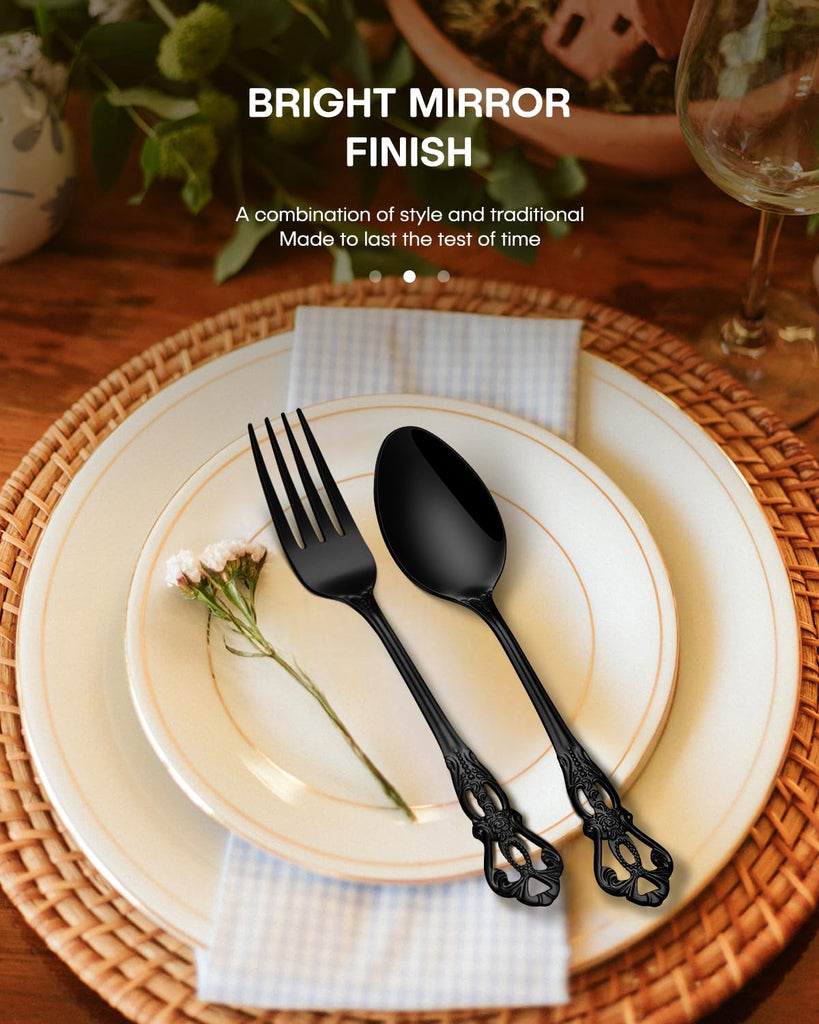 60 Pcs Black Silverware Set, Gorgeous Retro Royal Silverware Set for 12, Stainless Steel Mirror Flatware Cutlery Set