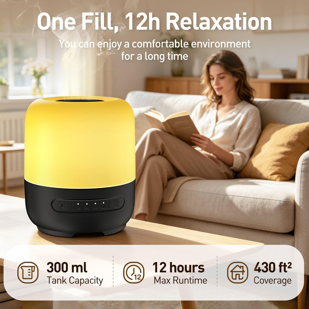 Essential Oil Diffuser, 300ml Ultrasonic Aromatherapy Oil Diffuser & Humidifier with 7 Color Night Lights, Quiet 20dB