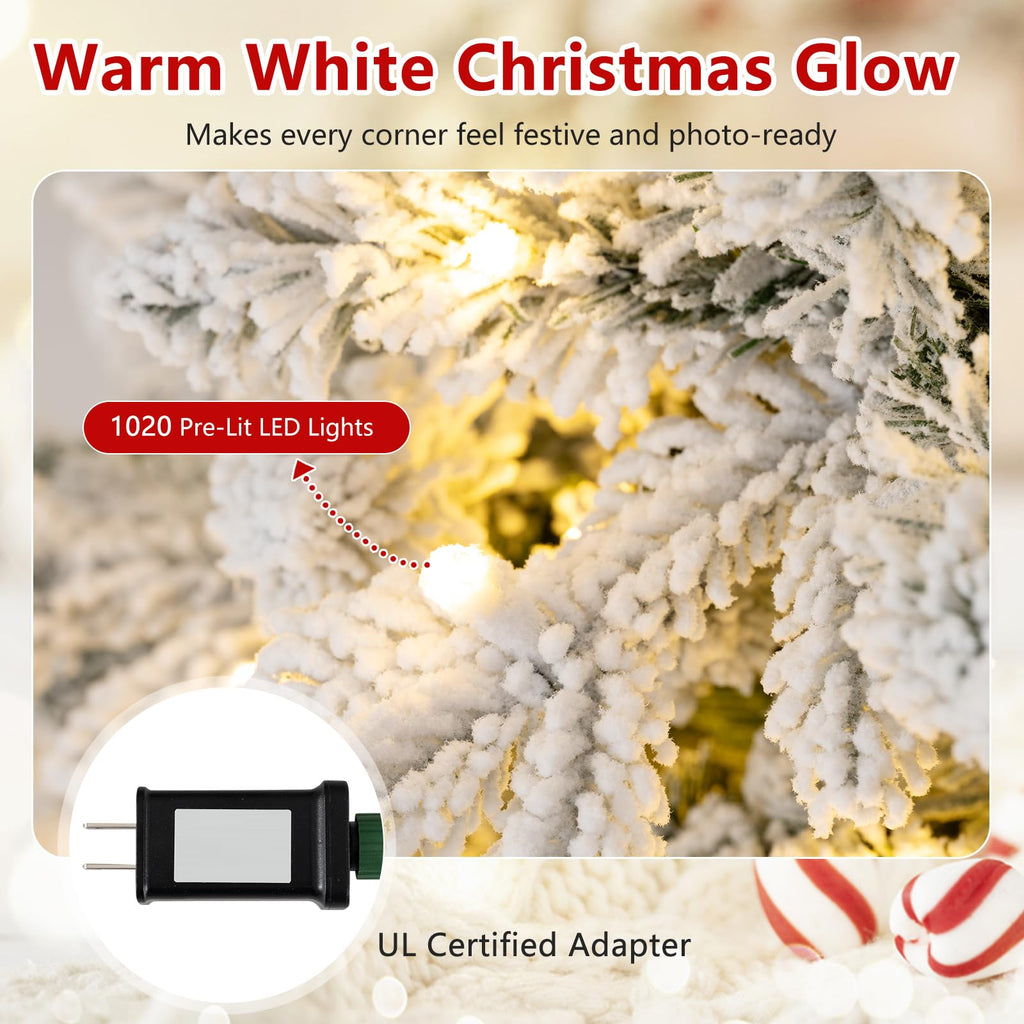 12 ft Pre-Lit Snow Flocked Christmas Tree, Quick Power Connector