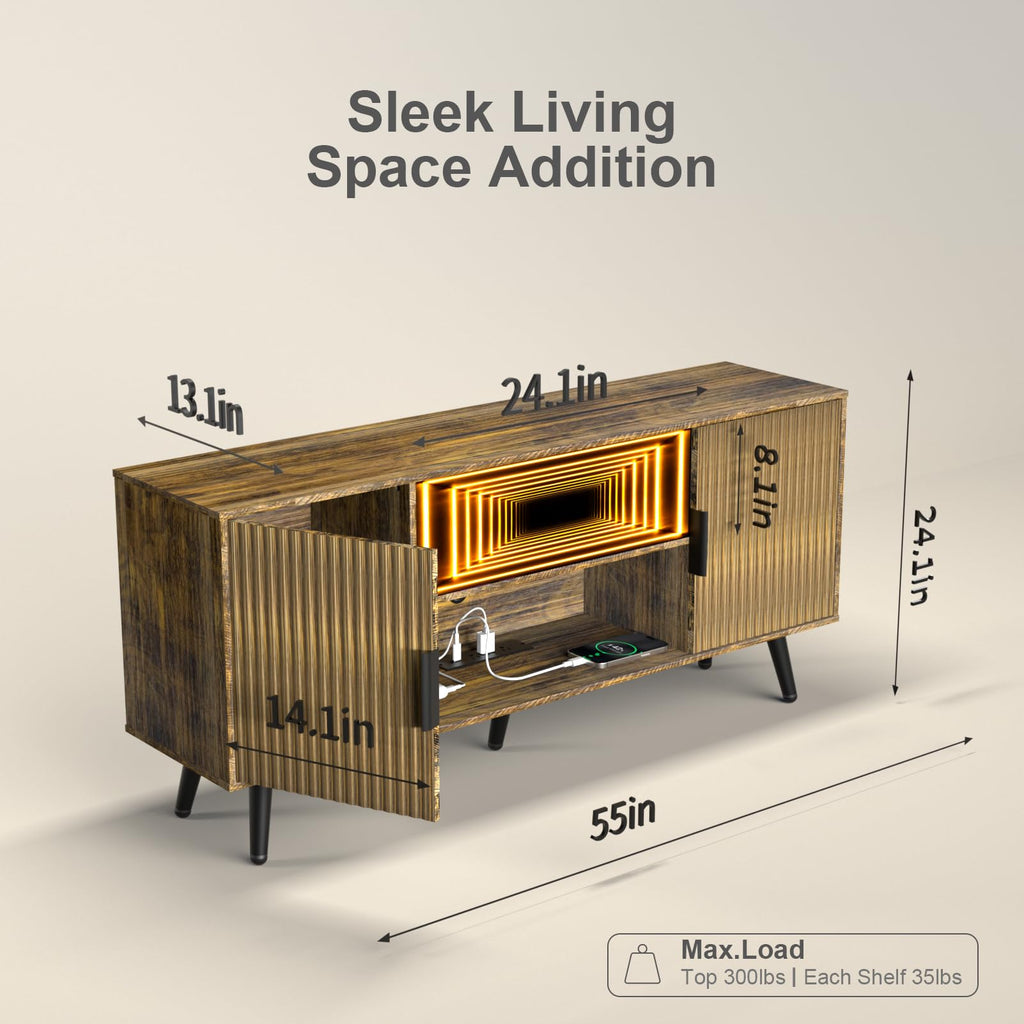 55" Fluted Small Amber TV Stand with Outlet & Fireplace Light