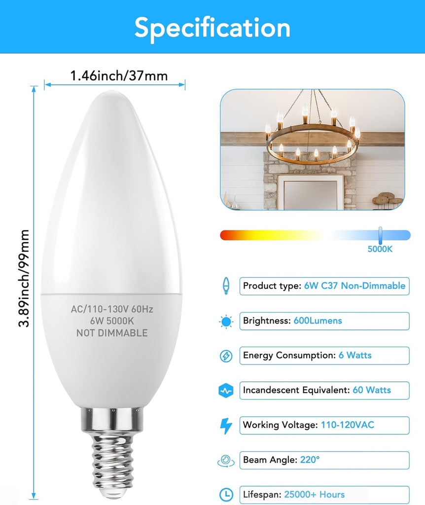 B11 E12 6W LED Candelabra Bulb 600lm 5000K