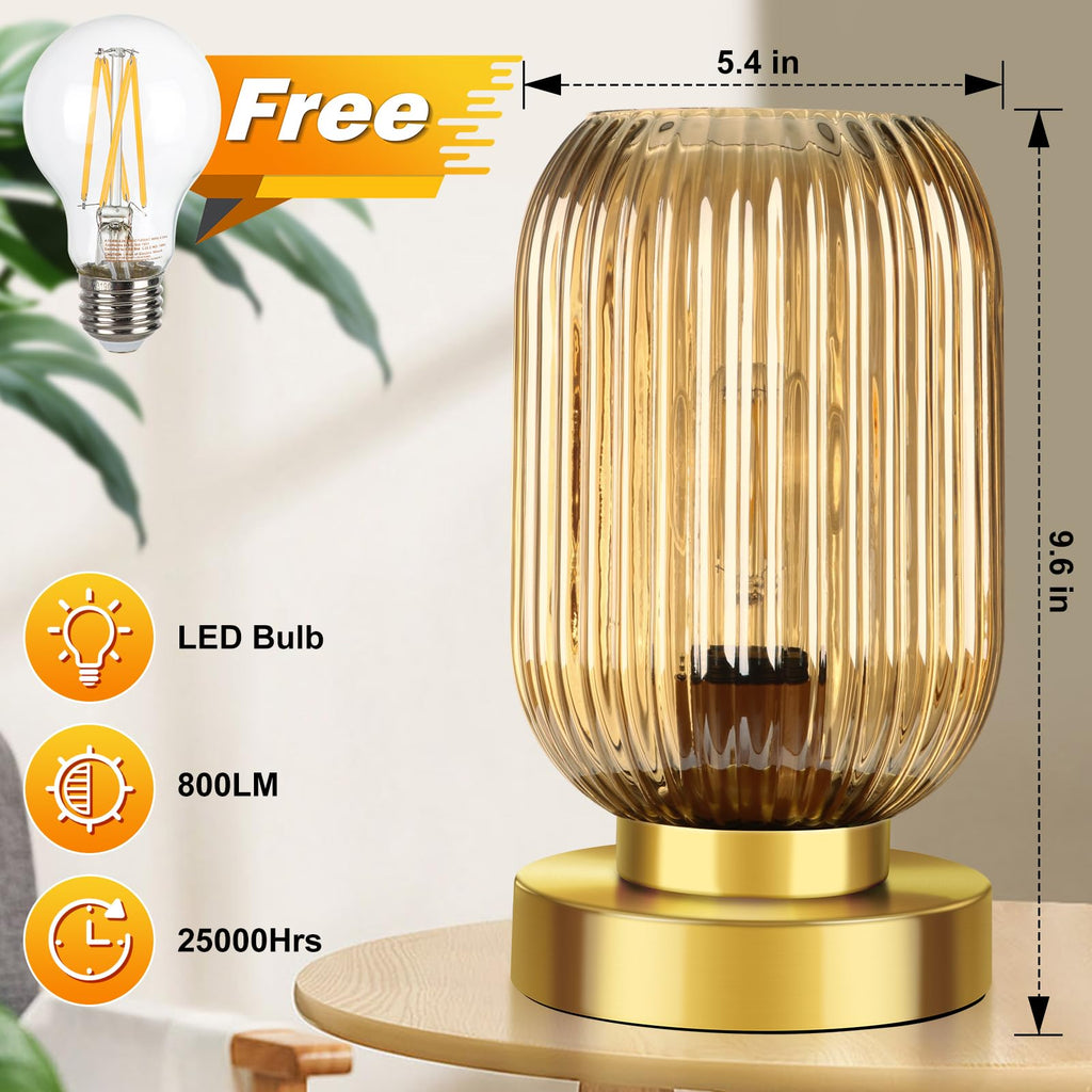 Mid Century Modern Table Lamp with Amber Ribbed Glass Shade, Touch Control & 3 Way Dimmable, Small Gold, Vintage